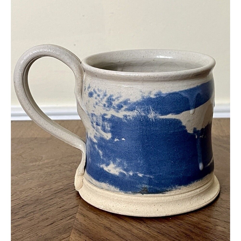 Handmade Studio Art Pottery Coffee Mug Cup Blue Grey Drip Glaze Signed
